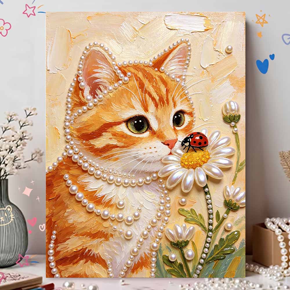 Frameless Pearl Painting Kit Cute Cat Pattern DIY 3D Bead Art Canvas Relaxing Handmade Craft for Adults Home Decor