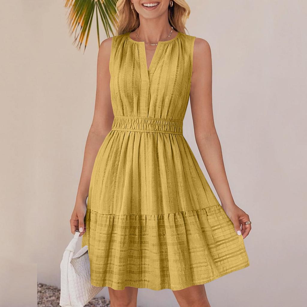 Women's Sleeveless V Neck Smocked Waist Dress For Beach Vacation Daily Wear