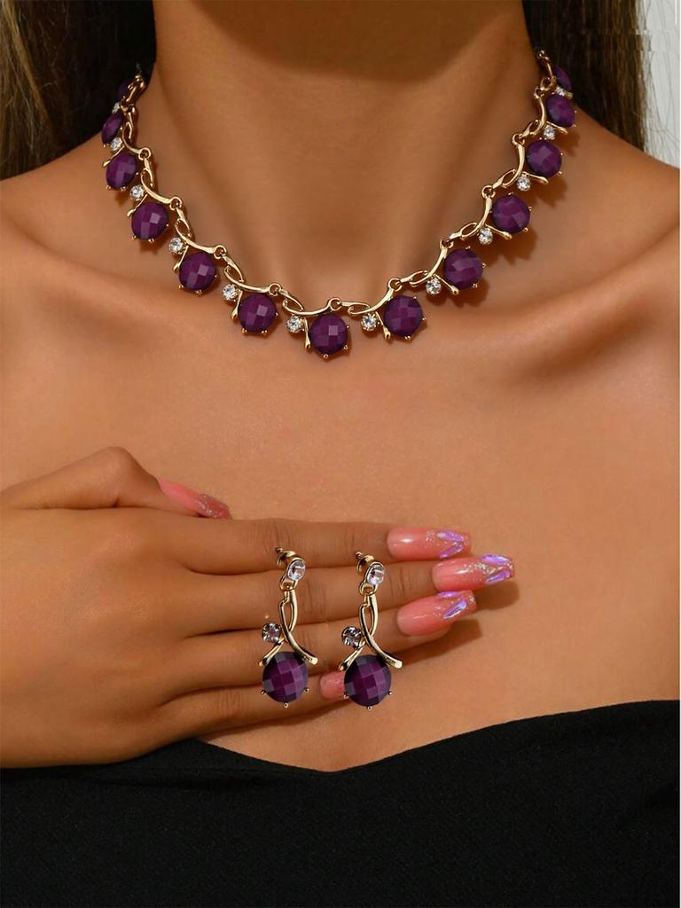 Vintage Turquoise Artificial Pearl Inlay Jewelry Set Necklace Earrings Elegant Statement Accessories for Women