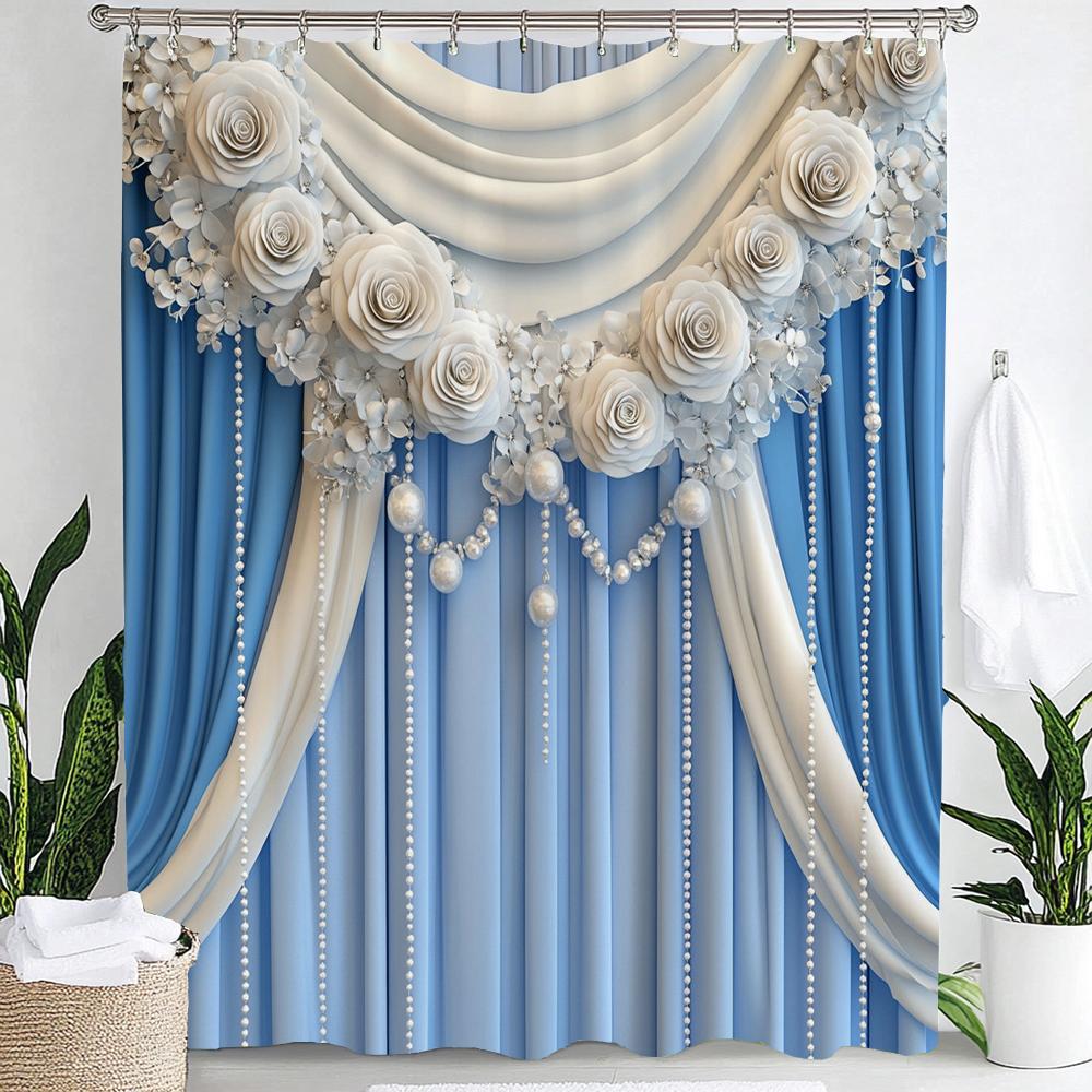 Annier Blue Nordic Imitation Style Gorgeous Palace Shower Curtain, Bathroom Decorative Shower Curtain, Home Curtain With Hooks