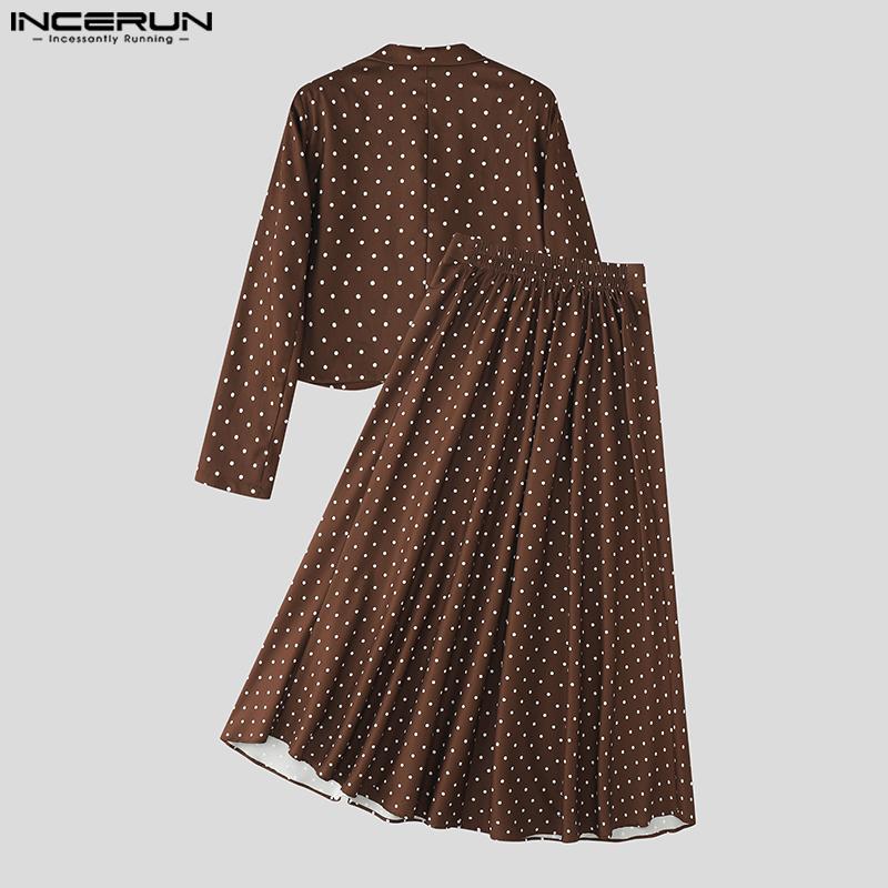 INCERUN Men Long Sleeve Polka Dots Cropped Blazer and Long Skirts Sets Outfits