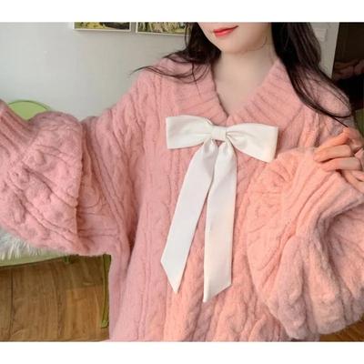 Autumn Winter Womens Clothes Women Loose V-neck Bow Long Sleeve Sweater Pullover Sweet Warm Knitted Female Top