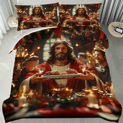 Latacaca 3pcs Merry Christmas Jesus Feast Duvet Cover Set Bedding Set Bed Cover Set (1 Duvet Cover & 2 Pillowcases)