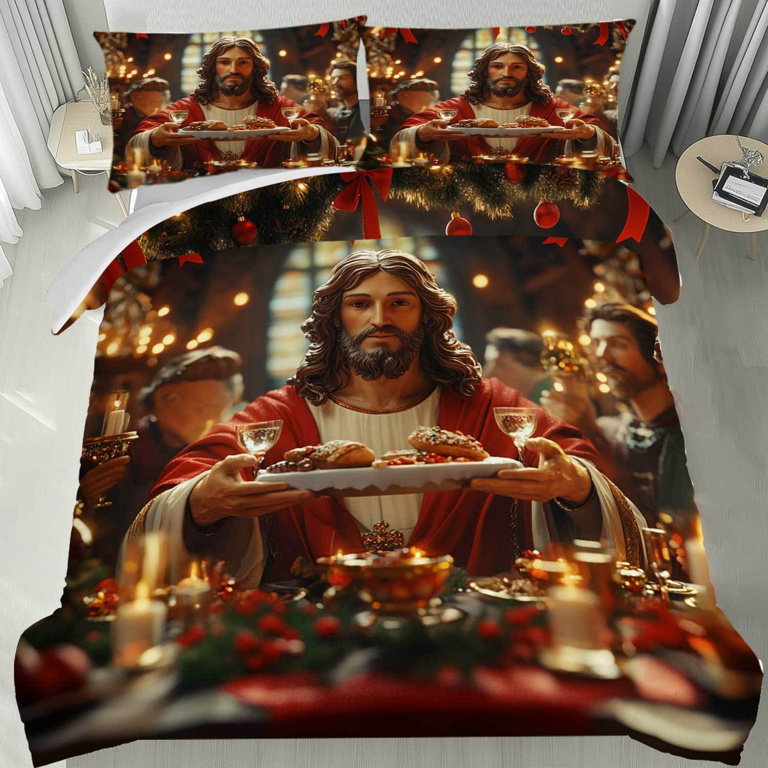 

Latacaca 3pcs Merry Christmas Jesus Feast Duvet Cover Set Bedding Set Bed Cover Set (1 Duvet Cover & 2 Pillowcases) EU Twin(135x200cm)