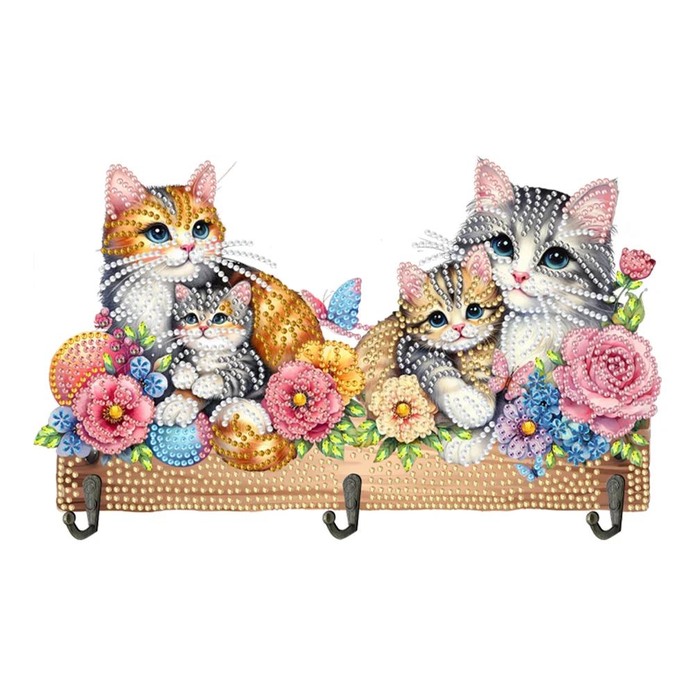 Wooden Special Shaped Warm Animal Family Diamond Art Hanging Hooks Rhinestone Painting Keychain Hanger DIY Crafts Decor