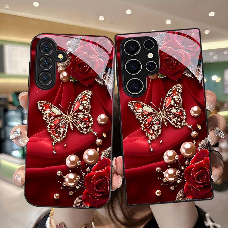 Red Satin Butterfly Rose Glass phone case mobile phones fashion phone cases for Samsung Galaxy S26 S25 S24 S23 S22 FE Ultra Plus
