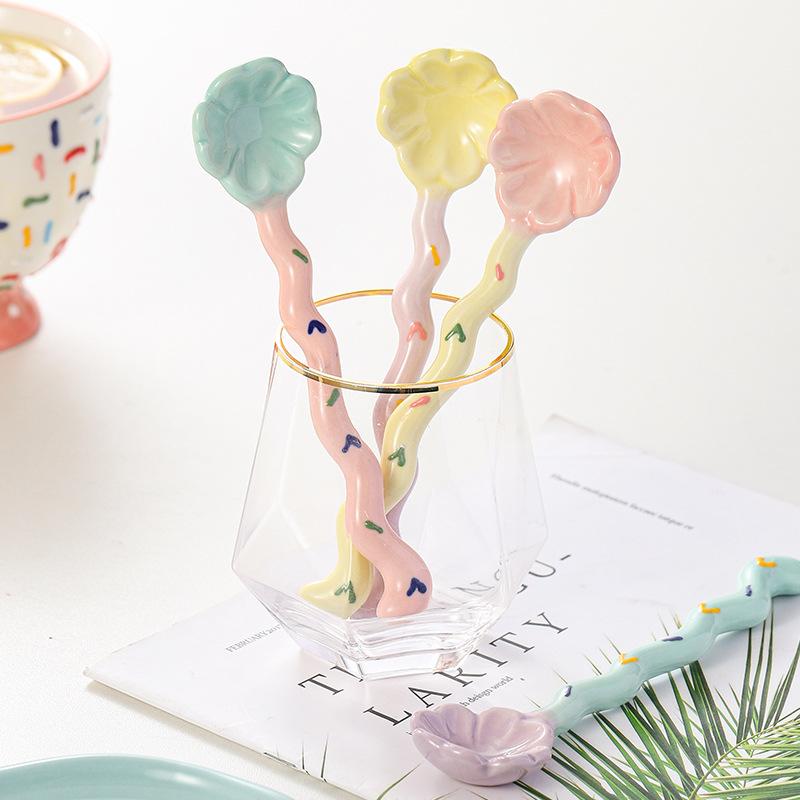 Ceramic Long-handled Coffee Spoon Household Dessert Spoon Cute Ins Wind Stirring Spoon  Macaron Ice Cream Tool Tableware