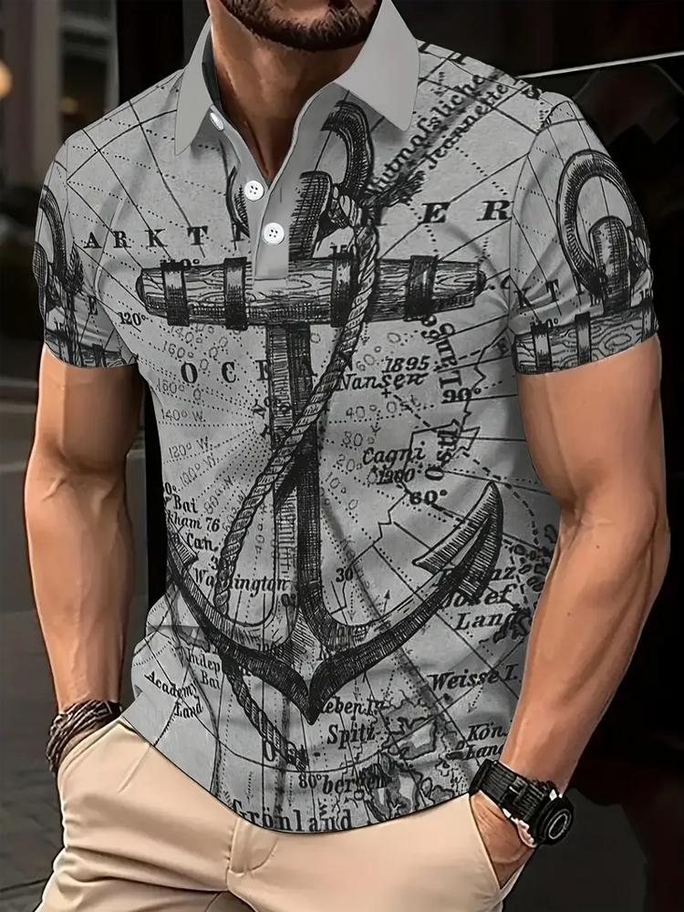 

Summer Print Shirt Lightweight Polyester Men s Casual Summer Short Sleeve Print Polo Shirt S сірий