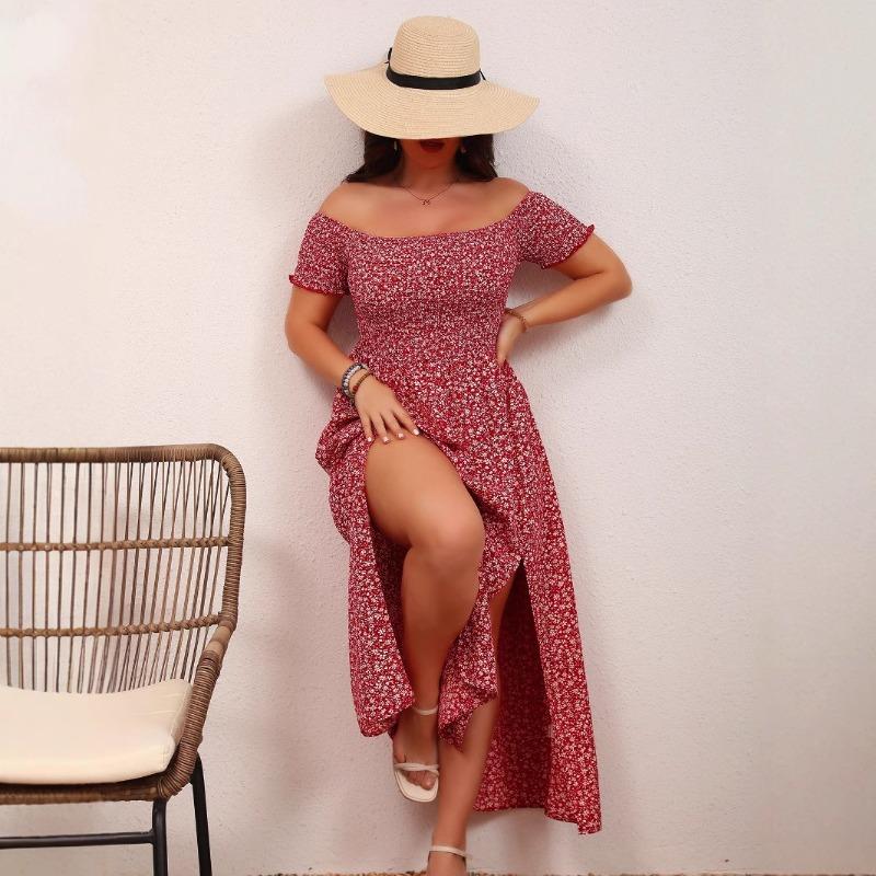 Women's Plus Size Casual Bohemian Printed Strapless One Neck Split Dresses