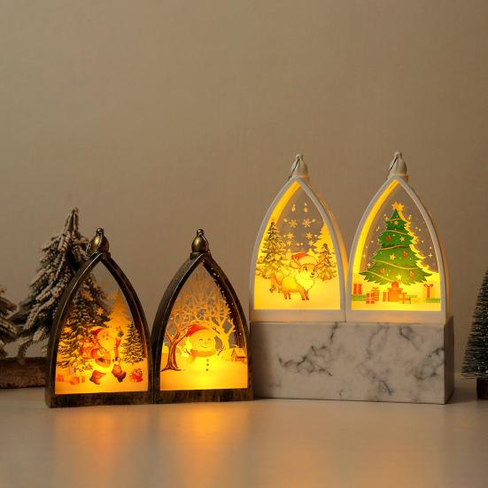 Vintage Christmas Ornament House Shape Santa Claus Deer Snowman Statue Night Light Glowing Decoration