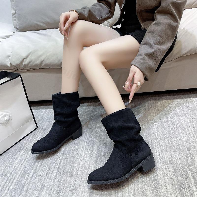 Spring Autumn Womens Ankle Boots 2026 Autumn Fashion New Suede Short Boots Comfortable Non Slip Outdoor Pleated Mid Heeled Shoes