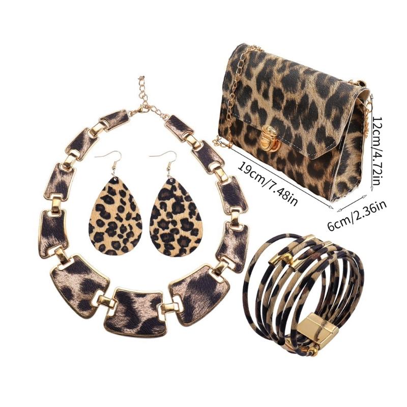 Elegant Women’s Purse Earrings Bracelet Necklace Fashionable Leopard Pattern Accessories Handmade Jewelry Set