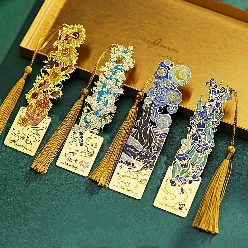 Van Gogh Oil Painting Style Bookmark Vintage Metal Book Page Book Decoration Tassels Bookmarks Student Office Supplies