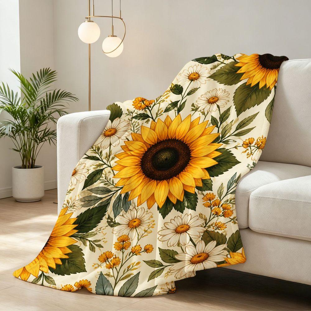 Sunflower Daisy Floral Print Flannel Throw Blanket Super Soft Warm Blanket for Sofa Bed, Botanical Flower Home Decor Gift