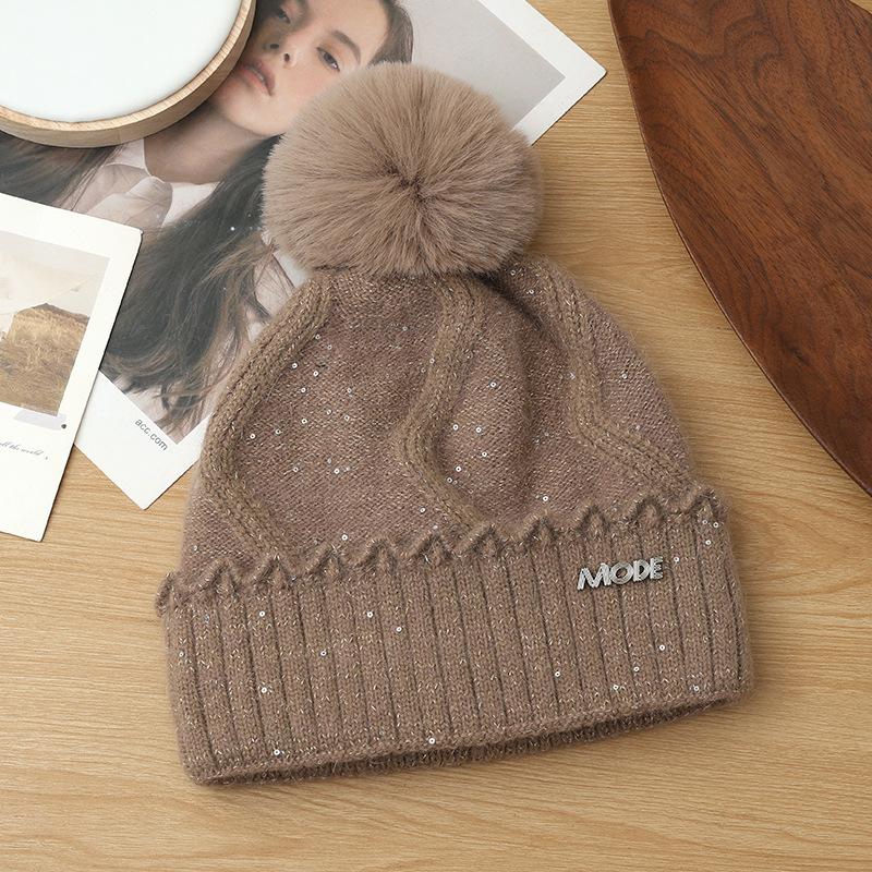 Neuer Herbst- und Winter Pailletten Spitzen Kaninchenhaar Warme Mütze Koreanische Version Vielseitige Outdoor Kältemütze Plus Wollmütze für Damen