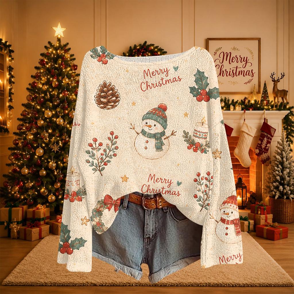 Women's Christmas Print Lightweight Knit Sweater Casual Long Sleeve Pullover Top