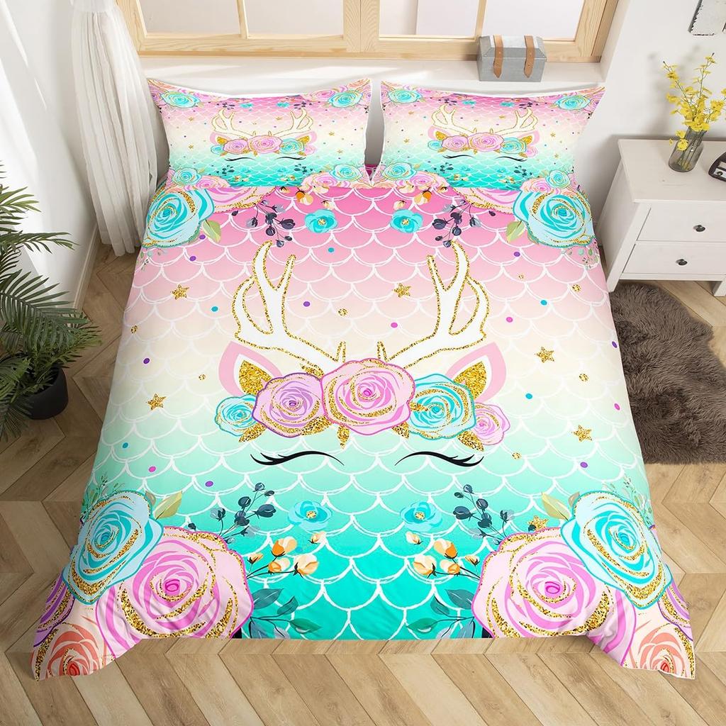 Unicorn Duvet Cover Set Cartoon Galaxy Rainbow Colourful Unicorn Cute Romantic Theme For Kids Girls Polyester Comforter Cover