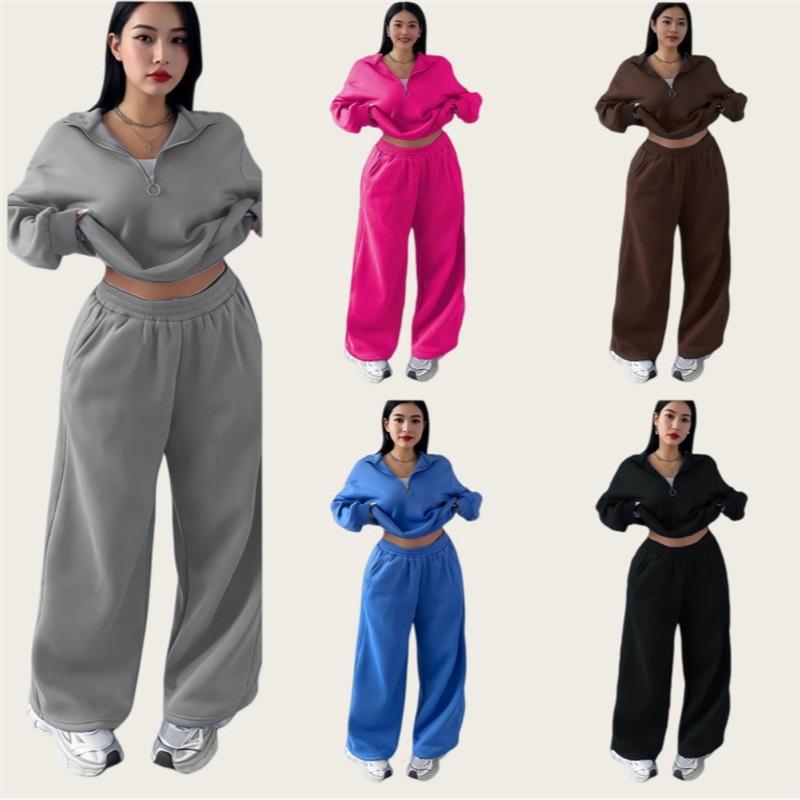 Women's 2 Piece Casual Tracksuit Half Zip Sweatshirt And Elastic Waist Wide Leg Pants Loungewear Set