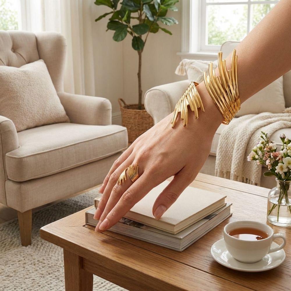 Jewelry Metal Open Bangles Geometric Upper Arm Cuff Luxury Bangles Ring Set  Party Jewelry