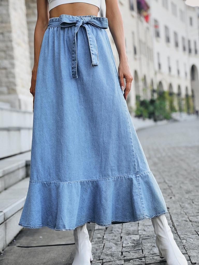 High-Waist Denim Midi Skirt with Ruffle Pleats for Women