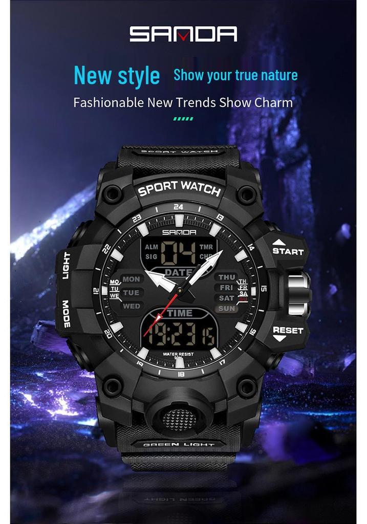 Sanda Multifunctional Waterproof Sports Watch for Outdoor and Student Use with Dual Display and Alarm Clock.