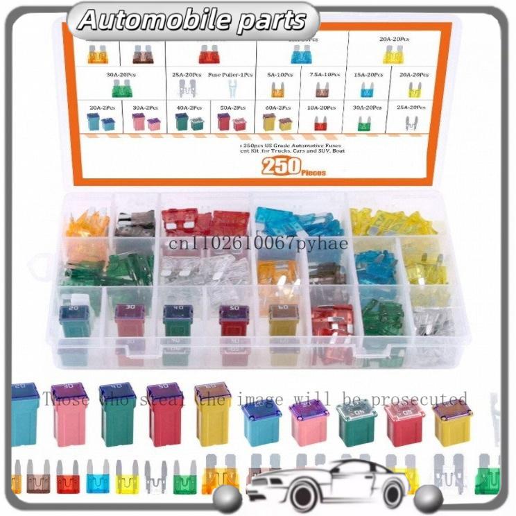250 Pieces Automotive Fuse Set, Standard Mini Blade, Low And High STD Profile, Box-Shaped, Various Fuses