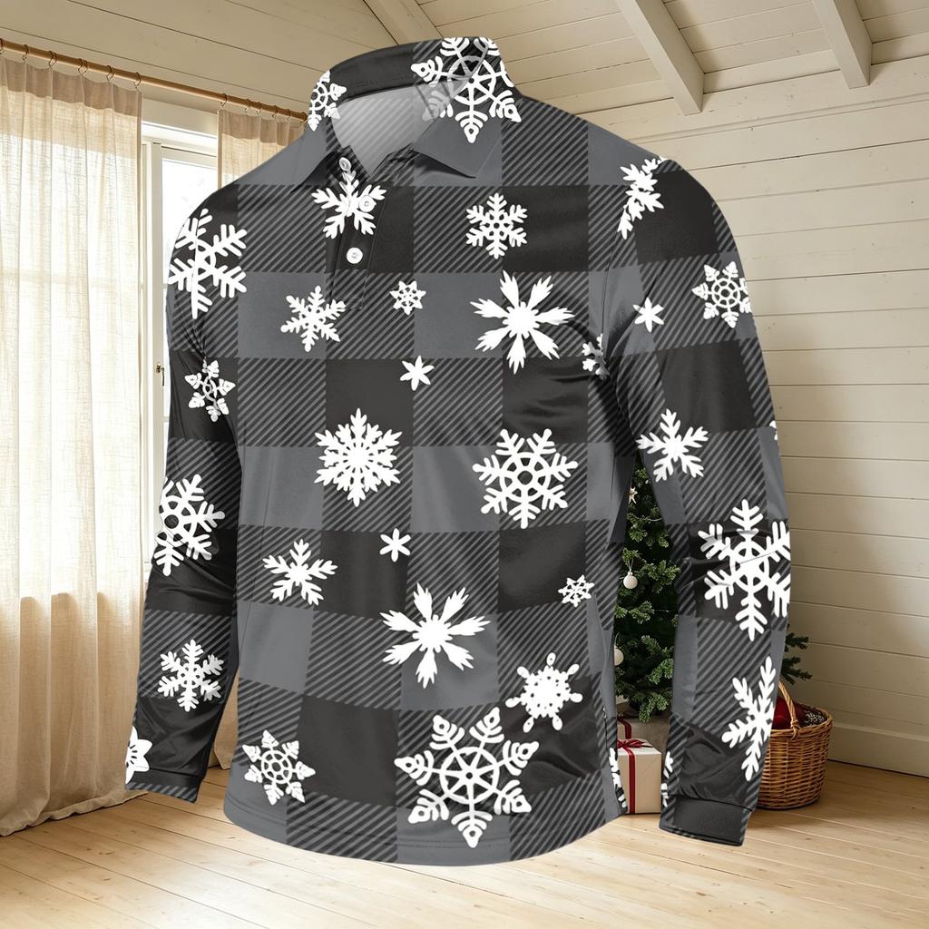 Men's Casual Long Sleeve Neck T-Shirt with Christmas Print, Holiday Party Top