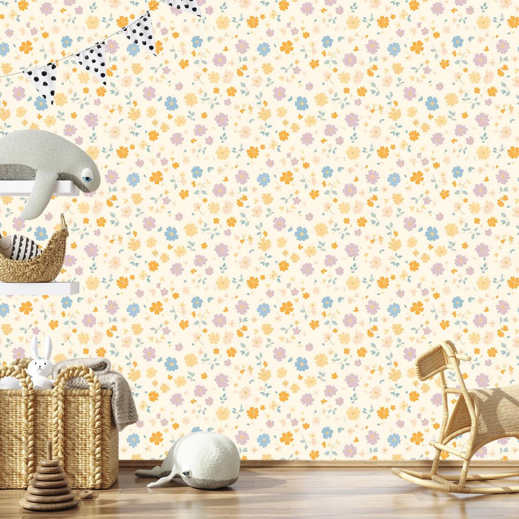 Cottagecore Flowers Wallpaper White, Cream, Light Gray and Coral 50x1000
