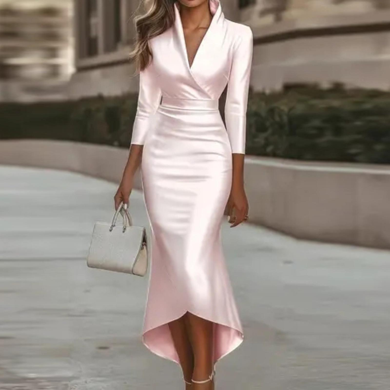 

Женское модное элегантное однотонное платье с длинным рукавом и V-образным вырезом из сатина M розовый