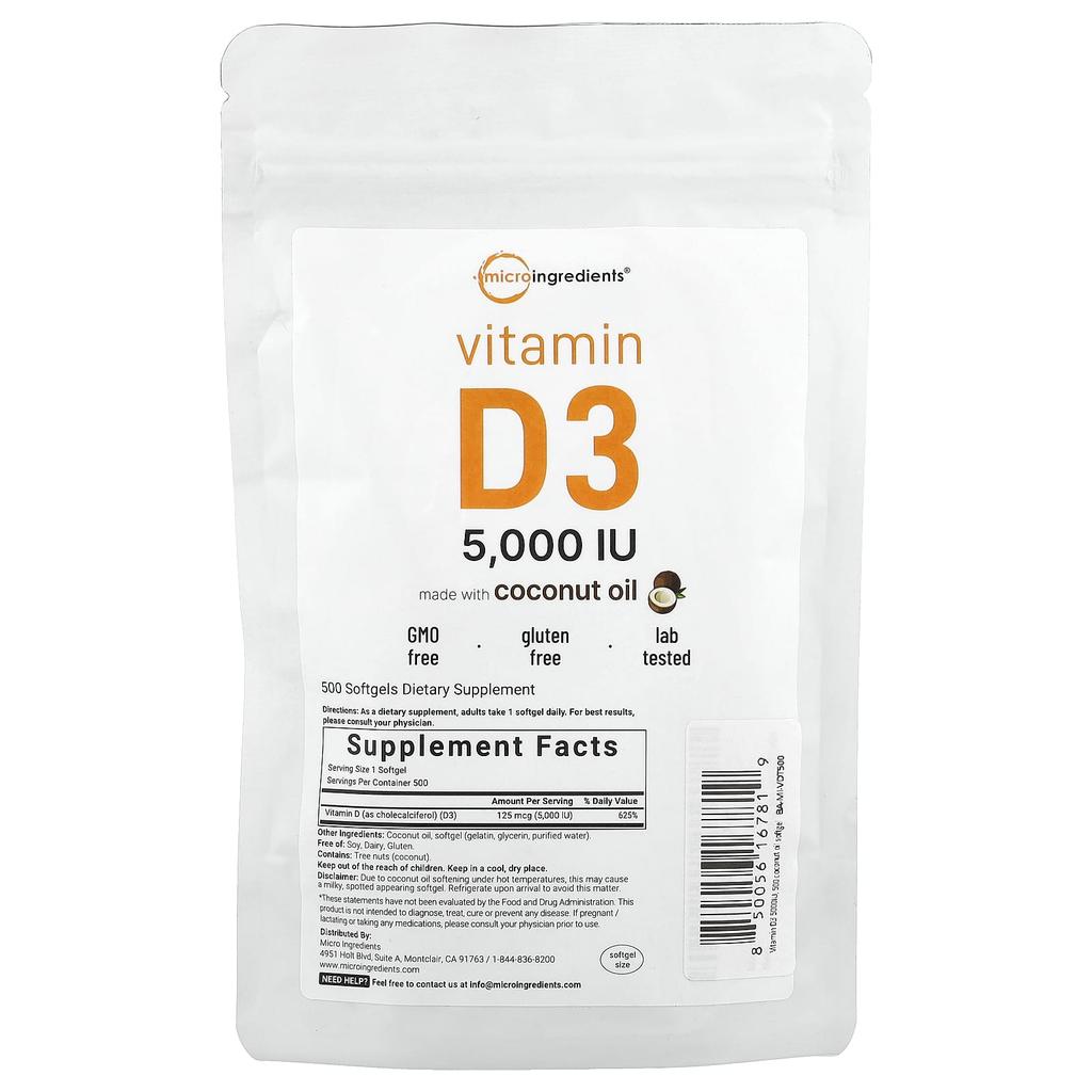 Micro Ingredients Vitamin D3, 5,000 IU, 500 Softgels