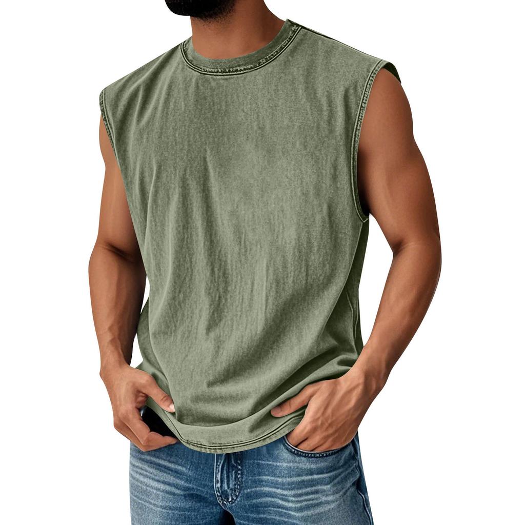 Men’s Crew Neck Sleeveless Vintage Style Top Relaxed Fit Casual Comfort Tank Distressed Look Soft Fabric Durable Stitching