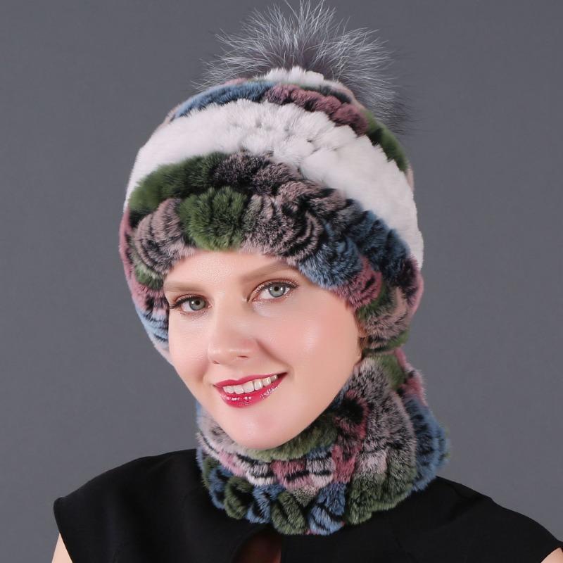 New hat scarf winter thickened thermal hat Rex rabbit fur grass Rex rabbit fur scarf two-piece set