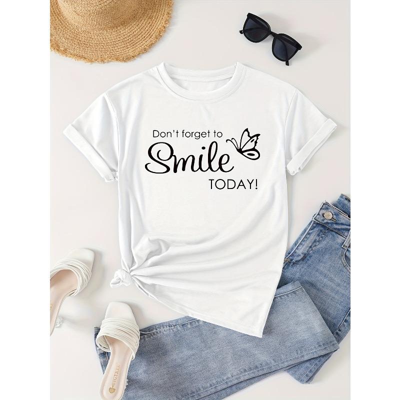 Women's "Don't Forget To Smile" Graphic Tee Round Neck Short Sleeve Regular Fit Spring Summer Motivational Casual Machine Washable Top