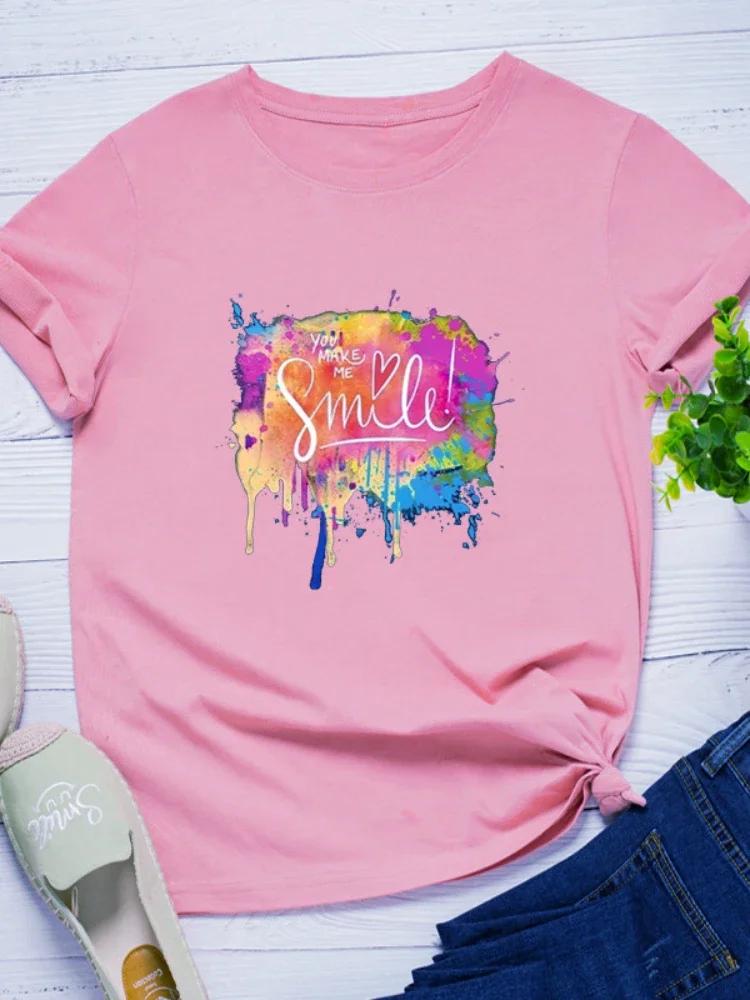 You Make Me Smile Multicolor Print Women T Shirt Short Sleeve O Neck Loose Women Tshirt Ladies Tee Shirt Tops Camisetas Mujer