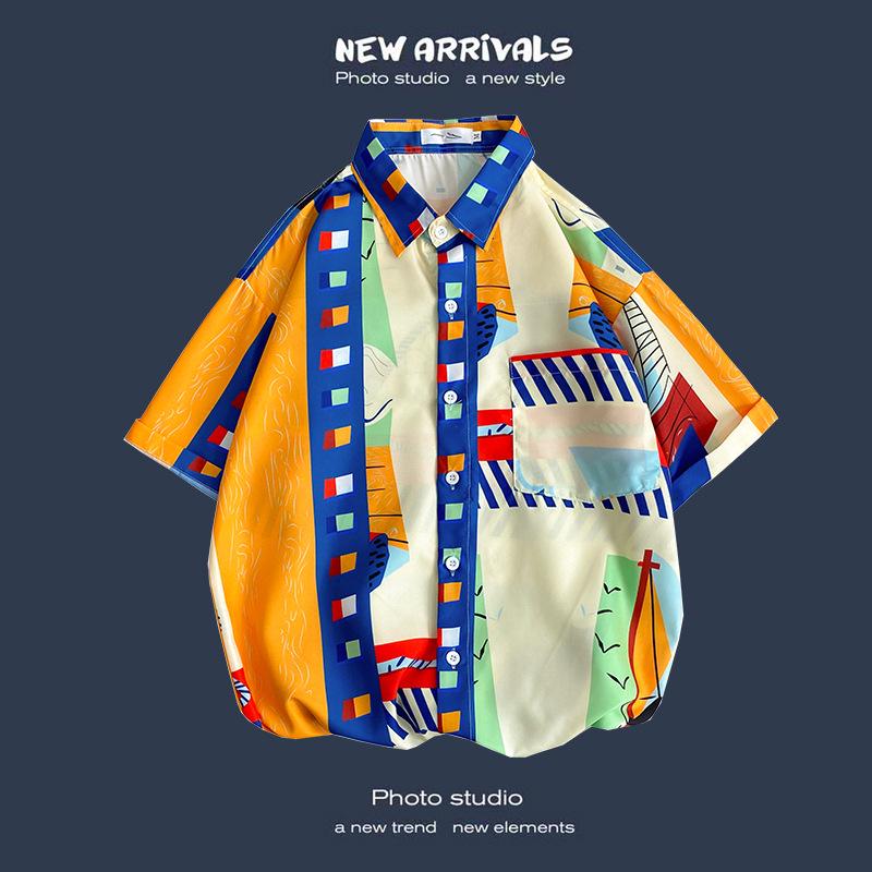 Letnia Koreańska Retro Kwiatowa Para Luźna Koszula z Krótkim Rękawem - Męski Modny Styl