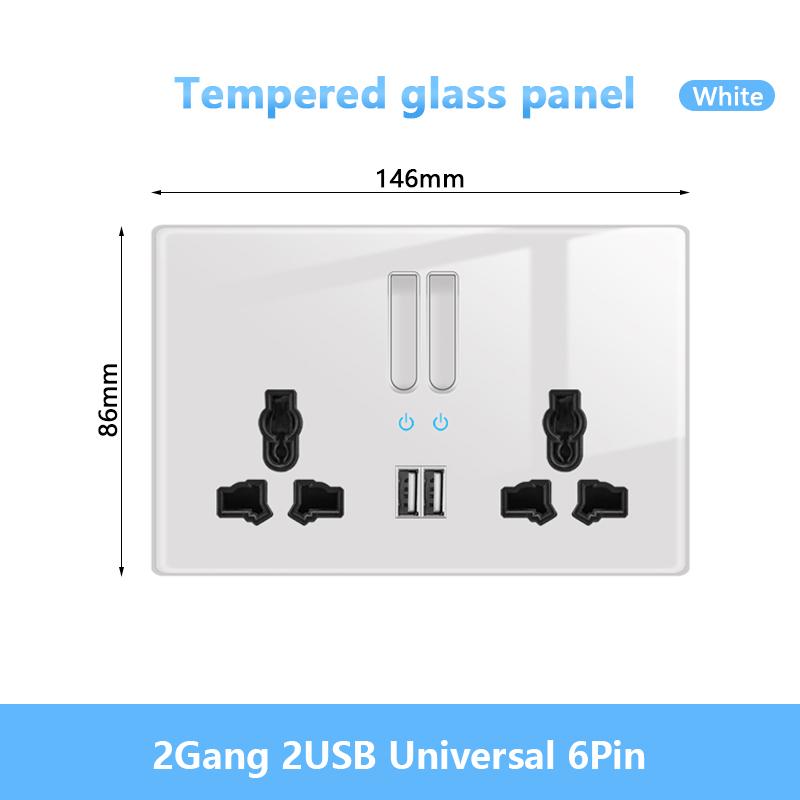 White LED Indicator Light Switch Panel Glass Piano Key Self-reset Wall Switch socket,UK FR EU Universal USB Electrical Outlet