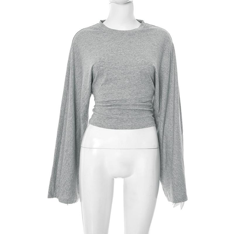 Y25TP201 European and American Women's Solid Color Round Neck, Wide Sleeve, Cinched Waist Sexy Long Sleeve Top