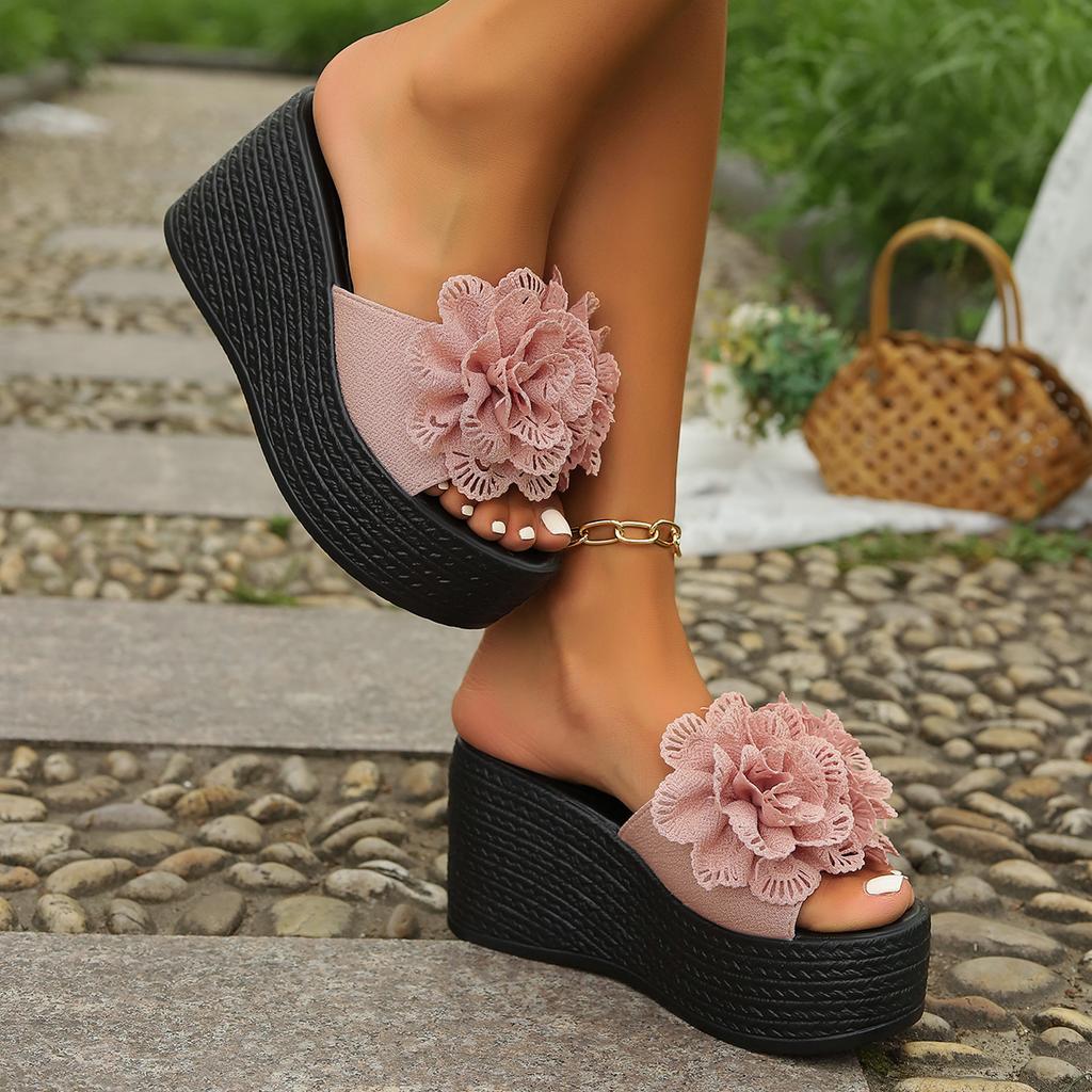 Plus Size Ladies Shoes Open Toe Women's Slippers Platform Casual Slippers Women Floral Round Toe Super High Wedges Sandal