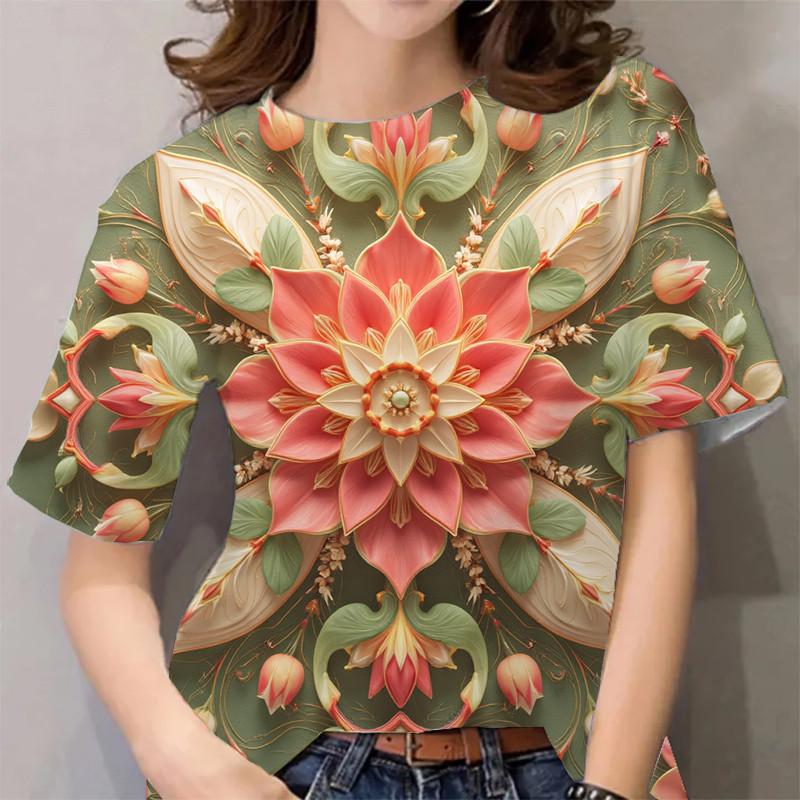 Women's Flower Pattern Graffiti Print Short Sleeve Casual T-Shirt
