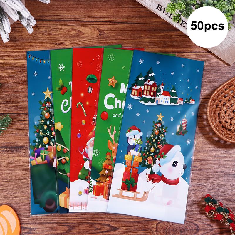 50Pcs Merry Christmas Cellophane Bags With Twist Ties Xmas Candy Gift Bags Year'S Eve Christmas Party Decoration