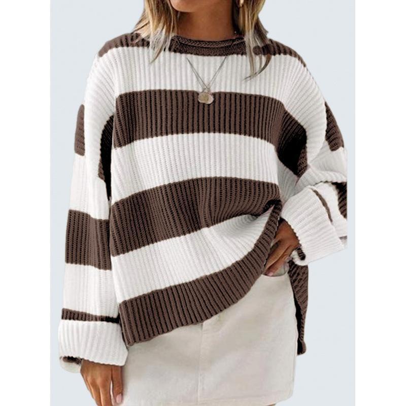 Women's Blue and White Stripe Loose Fit Long Sleeve Crew Neck Sweater