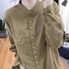 2025 Spring/Summer Women's Artistic Retro Korean Style Cotton Linen Stand Collar Shirt, Long Sleeve, Loose Fit