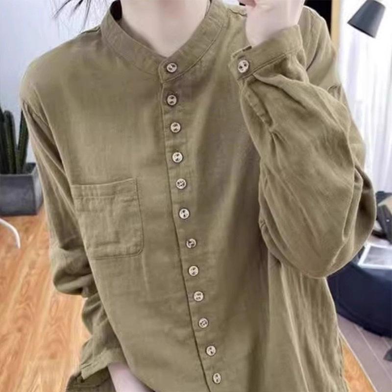 2025 Spring/Summer Women's Artistic Retro Korean Style Cotton Linen Stand Collar Shirt, Long Sleeve, Loose Fit
