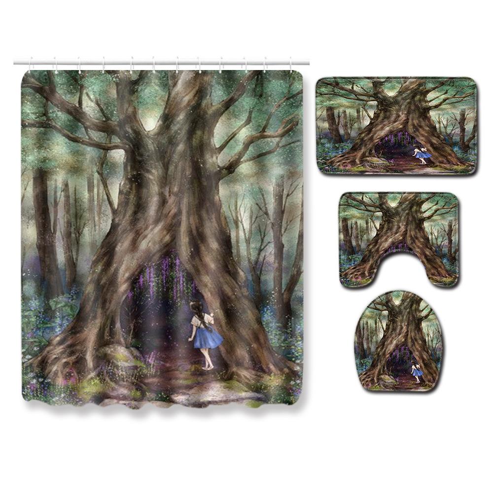 Healing Tree Hole Bathroom Shower Curtain Floor Mat Toilet Cover Foot Mat Four-Piece Pattern Size