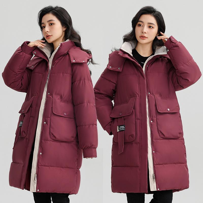Padded clothes women's winter new hooded medium and long contrasting colors loose thickened padded jacket padded clothes women's trend