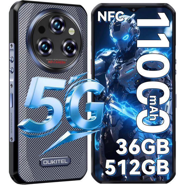 OUKITEL WP35 Pro Smartphone Robuste 5G 36Go+512Go 6.6" FHD+ 11000mAh 64MP Caméra Telephone Incassable Android 14 Dual SIM/NFC, Gris