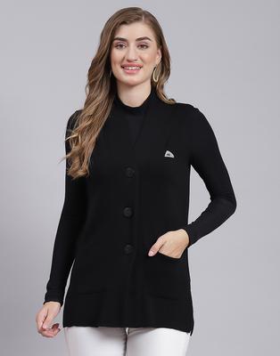 Womens Solid Black V Neck Sleeveless Cardigan
