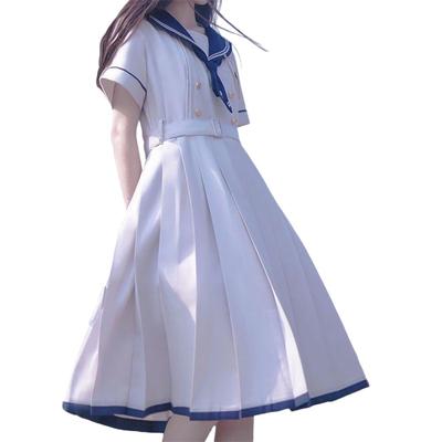GSYCL Matrosenuniform Kleid Kurzarm Marineblau Weiß High School Mädchen 3-teiliges Set Halloween Kostüm JK Uniform Kostüm Langer Rock Krawatte Gürtel Knöpfe