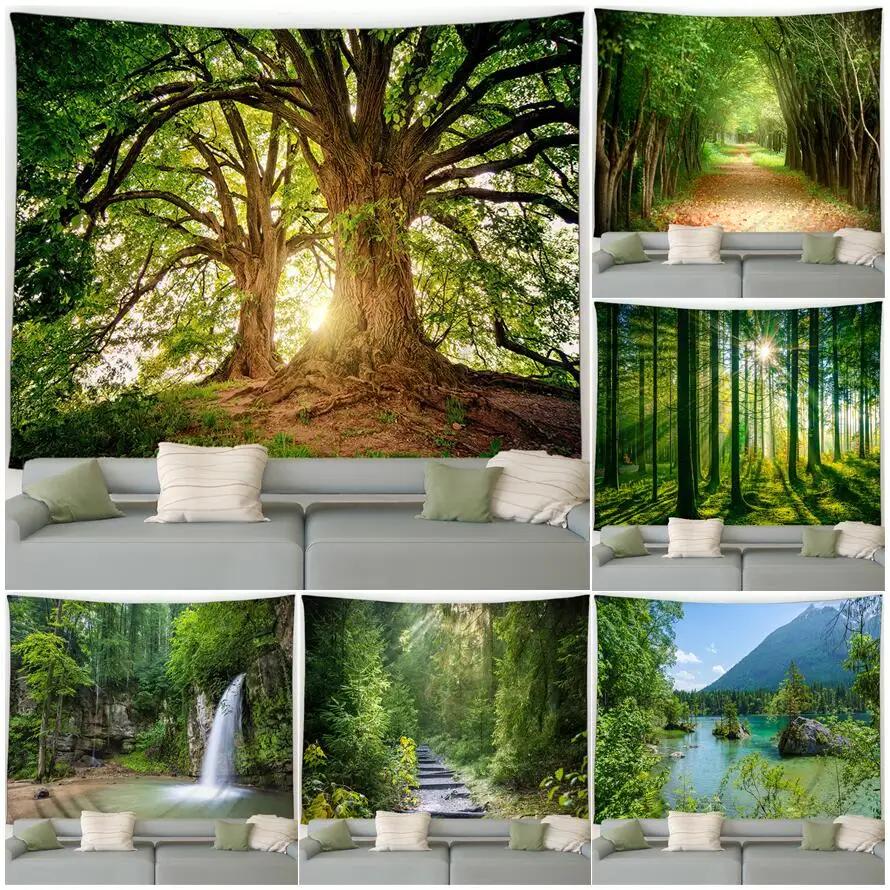 Forest Landscape Tapestry Waterfall Tropical Plants Spring Trees Nature Scenery Garden Wall Hanging Home Living Room Dorm Decor