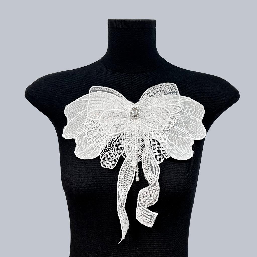 Delicate White Multi-Layer Handmade Beaded Three-Dimensional Bow Cloth Sticker Lace Decoration Diy Accessories